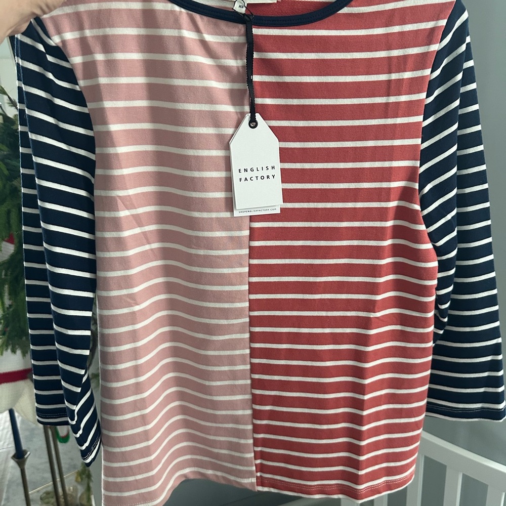 English Factory Striped Split-Color Top in Pink, Red & Navy- XS